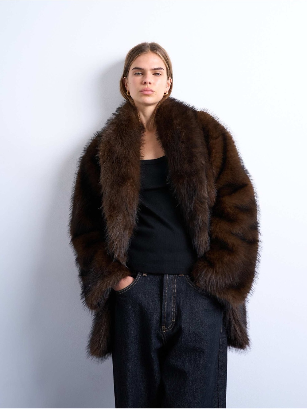 Topshop Fur Shawl Mid Length Coat In Chocolate Size Medium NEW